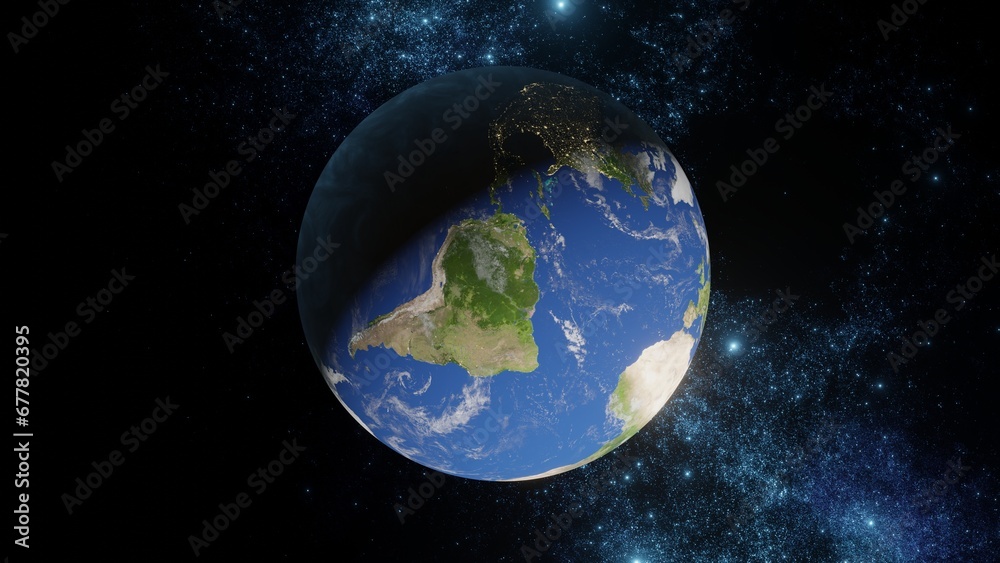 Naklejka premium Sphere of nightly Earth planet in outer space. City lights on planet in Solar system.