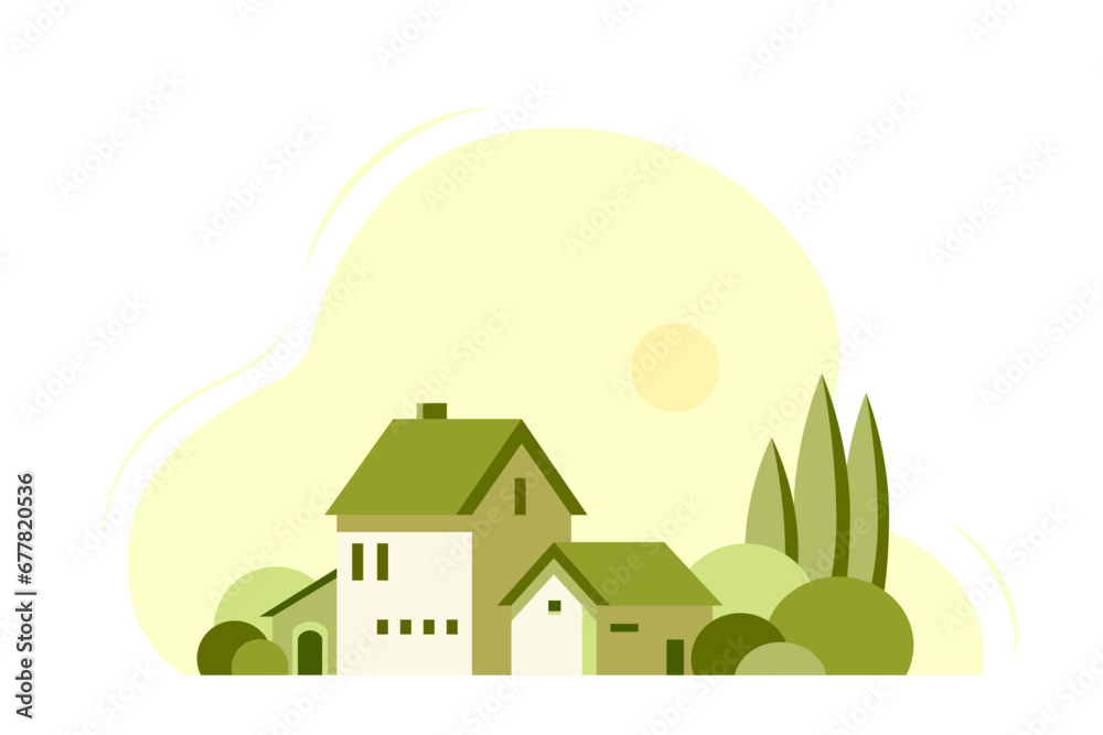 Rural landscape, house-villa-farm, trees and cypresses. Monochrome olive earthy colors. Vector flat illustration on white background