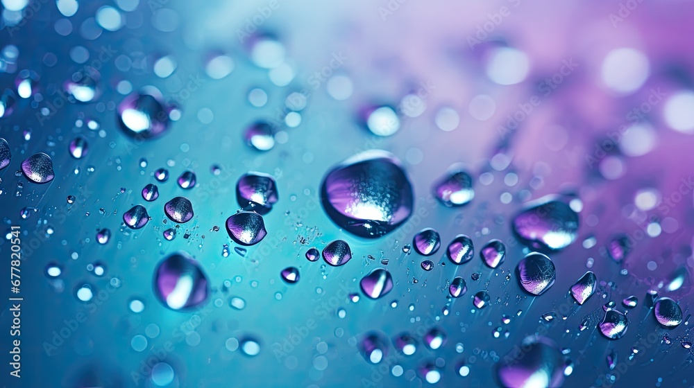 Capturing The Elegance Of Large, Transparent Water Droplets Or Rainwater On a Bluepurple Turquoise Soft Background In Closeup Macro Photography