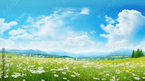 Colorful flower meadow with daisies against blue sky