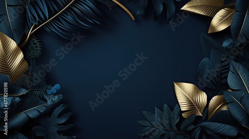 Dark background frame with tropical leaves and flowers adorned with golden highlights  #677820598
