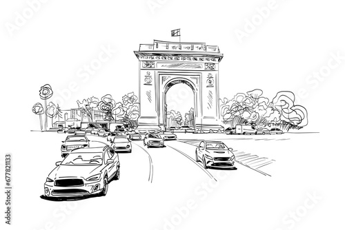 Triumphal Arch. Bucharest. Romania. Hand drawn city sketch. Vector illustration.