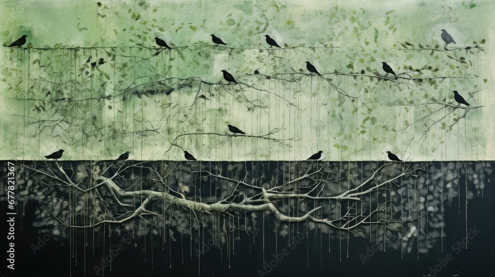  a group of birds sitting on top of a tree branch in front of a green and black painting of a tree.