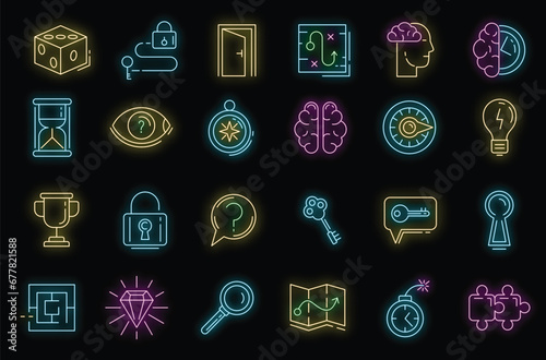 Quest icons set. Outline set of quest vector icons neon color on black