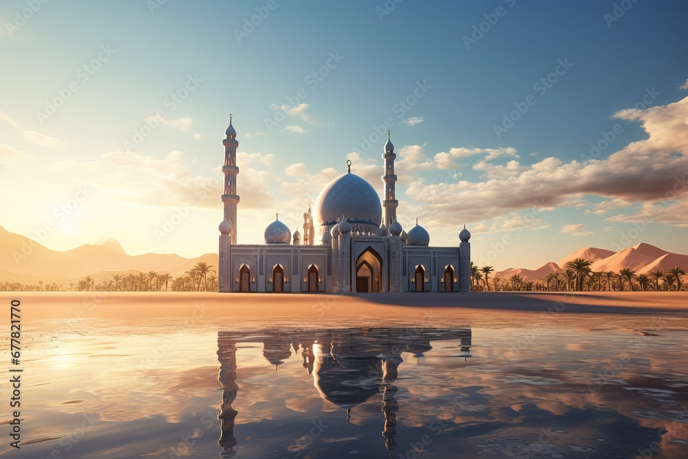 mosque in sunset, mosque on beach - obrazy, fototapety, plakaty 