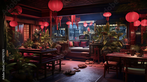 Restaurant typique japonais. Ambiance asiatique, lumières. Lieu de restauration. Pour conception et création graphique.
