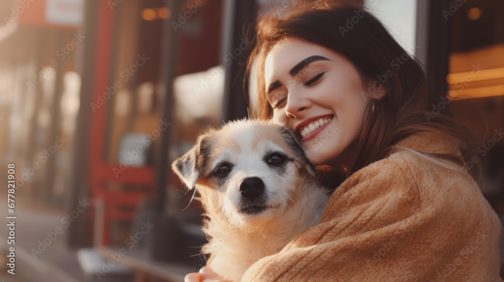 Beautiful young woman hugging with her jack russell terrier dog on street at autumn warm day Beautiful young woman hugging with her jack russell terrier dog on street at autumn warm day