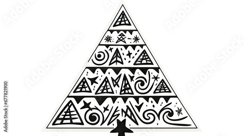  a black and white drawing of a christmas tree with a star and swirls on the top of the tree.