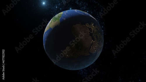 Sphere of nightly Earth planet in outer space. City lights on planet in Solar system.