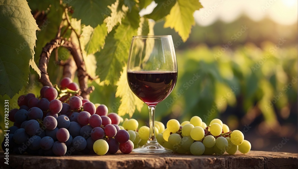 Beautiful wine still life, glasses with wine and a wine bottle, bunches of grapes