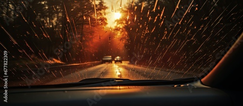abstract background of the dirty windscreen the car seemed to merge with the elements as water droplets danced against the sky road and forest reflecting the light of the autumn sun creating