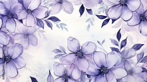  a watercolor painting of purple flowers on a white background with blue and purple leaves and flowers on a white background.