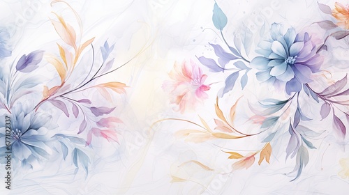  a watercolor painting of flowers and leaves on a white background with blue, pink, yellow, and orange colors.