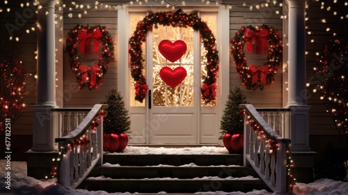  a front porch decorated for christmas with wreaths and heart shaped wreaths on the front door of a house.