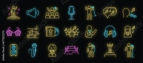 Singer icons set. Outline set of singer vector icons neon color on black