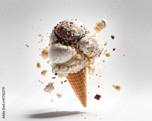 An Ice-cream disassembled in midair White background