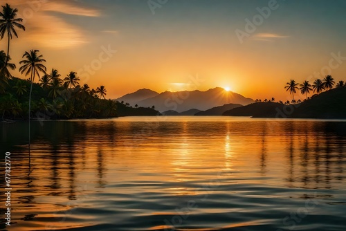A tropical archipelago at sunset, with warm colors reflecting off the calm waters between islands © Fahad
