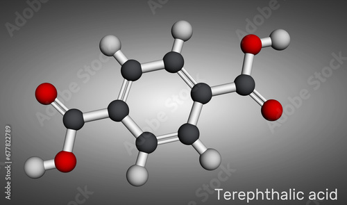 Terephthalic acid molecule. It is benzenedicarboxylic acid, precursor to the polyester PET. Molecular model. 3D rendering photo