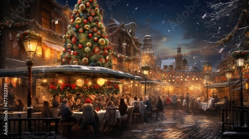  a painting of a christmas tree in the middle of a city street with people sitting at tables in front of it. photo