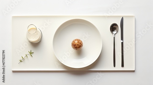  a white plate topped with a muffin next to a cup of milk and a spoon and a glass of milk.