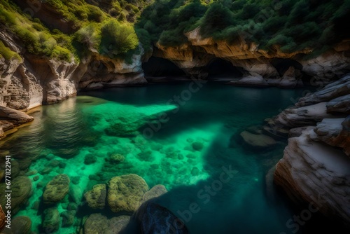 A secluded cove with hidden caves, where emerald waters meet the rugged beauty of coastal cliffs