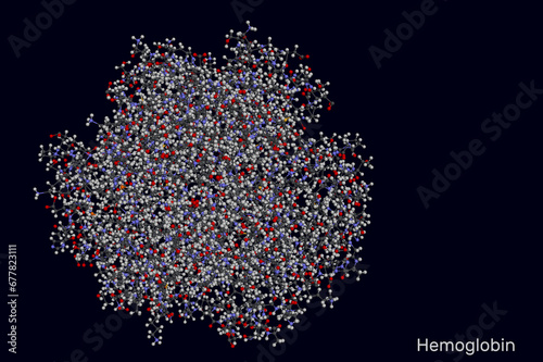 Hemoglobin haemoglobin, Hb or Hgb molecule. It is blood protein. Molecular model. 3D rendering photo