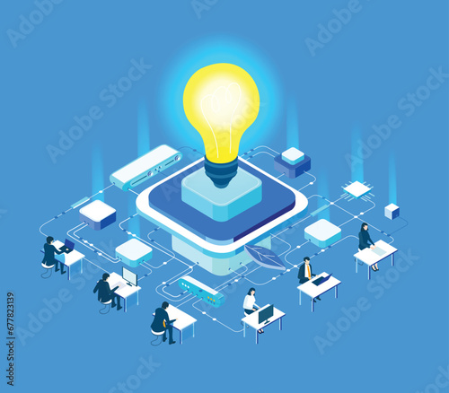 Business people are working together around big light bulb, prospecting data, analysing and cooperating. Isometric business environment. Infographic illustration
