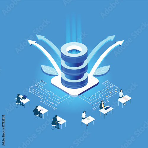 Business people are working together in server room, prospecting data, analysing and cooperating. Isometric business environment. Infographic illustration