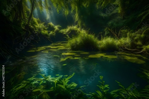 The intricate ecosystem of a freshwater river  featuring submerged vegetation and diverse aquatic life