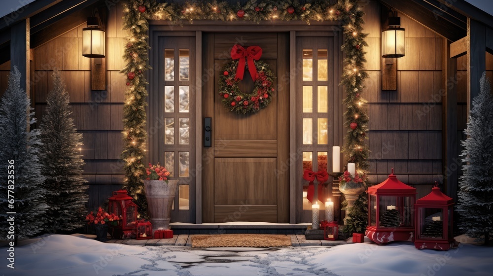 a house decorated for christmas with wreaths and lights on the front door and wreaths on the side of the door. a house decorated for christmas with wreaths and lights on the front door and wreaths on the side of the door.