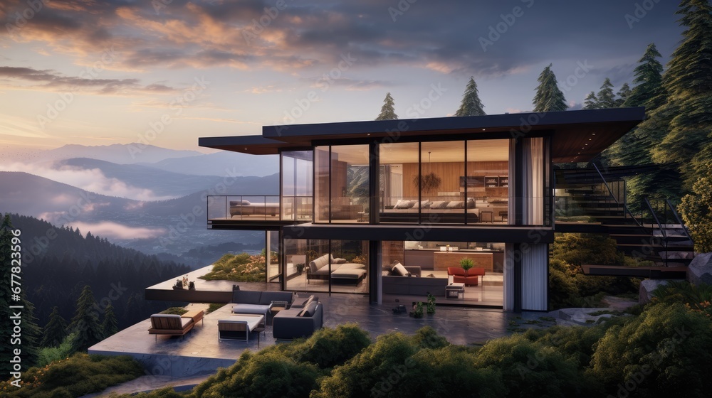 Fototapeta premium a house on top of a mountain with a view of the mountains and the sky in the background and a couch in the foreground.