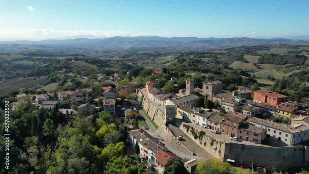 Italy, November 10, 2023 - aerial view of the medieval village of Novilara in the province of Pesaro and Urbino in the Marche region Italy, November 10, 2023 - aerial view of the medieval village of Novilara in the province of Pesaro and Urbino in the Marche region
