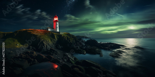 medieval-style lighthouse on a cliff, overlooking a moonlit sea, Northern Lights visible in the sky