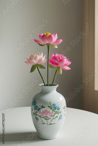 art of arranging flowers: lotus flowers in a vase on the table with a light background © vian