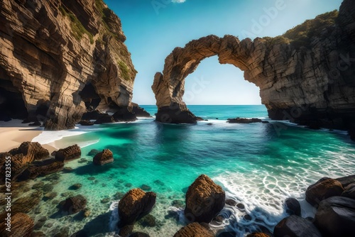A hidden beach with a natural rock arch framing the view of the open ocean