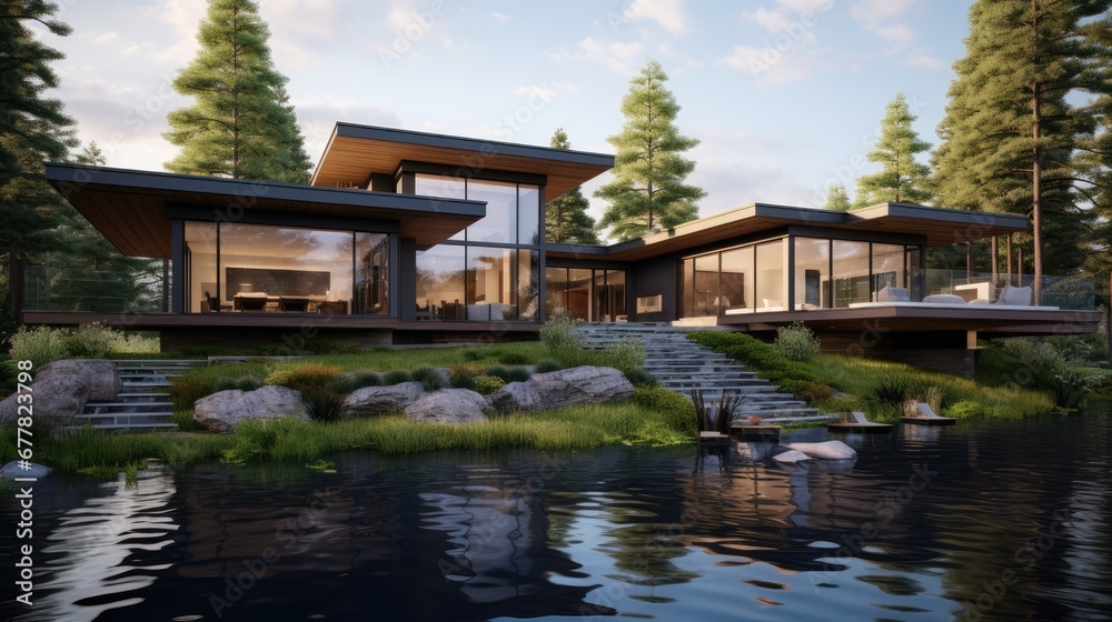Obraz premium a couple of houses sitting on top of a lush green hillside next to a lake in front of a forest.