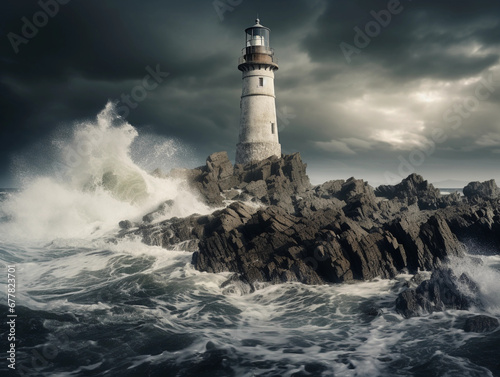 modern concrete lighthouse, situated on a rocky outcrop, waves crashing below, stormy sky