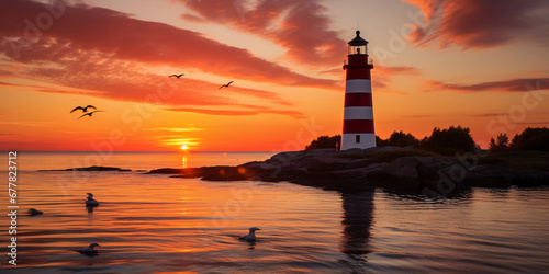 red and white striped lighthouse, set against a vivid sunset