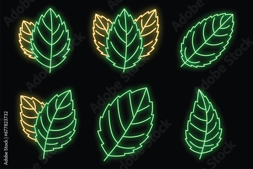 Peppermint icons set. Outline set of peppermint vector icons neon color on black