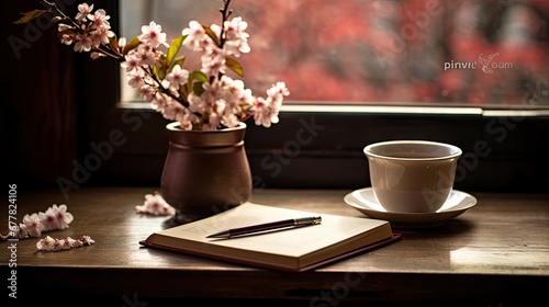  a cup of coffee sits next to a book and a pen on a table next to a vase of flowers.