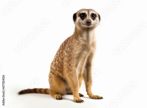 Beautiful small meerkat sitting and looks into the camera isolated on a white background. Cute Suricata suricatta sit upright facing front close up.