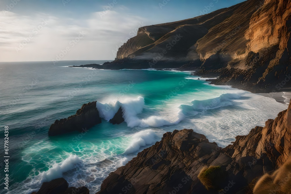 A windswept cliff overlooking a pristine beach, with white-capped waves breaking against the shore