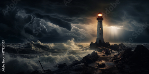black iron lighthouse, silhouetted against a stormy sky, lightning striking the sea behind it