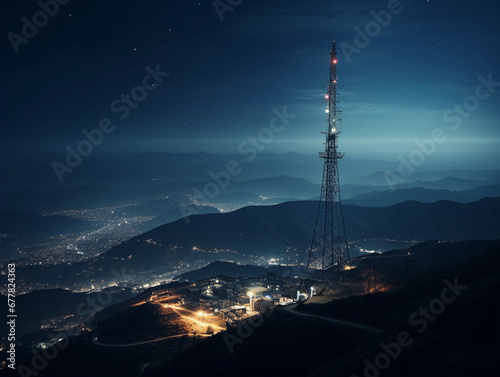 Radio tower on a mountain peak, moonlit night, stars in the background, moody atmosphere