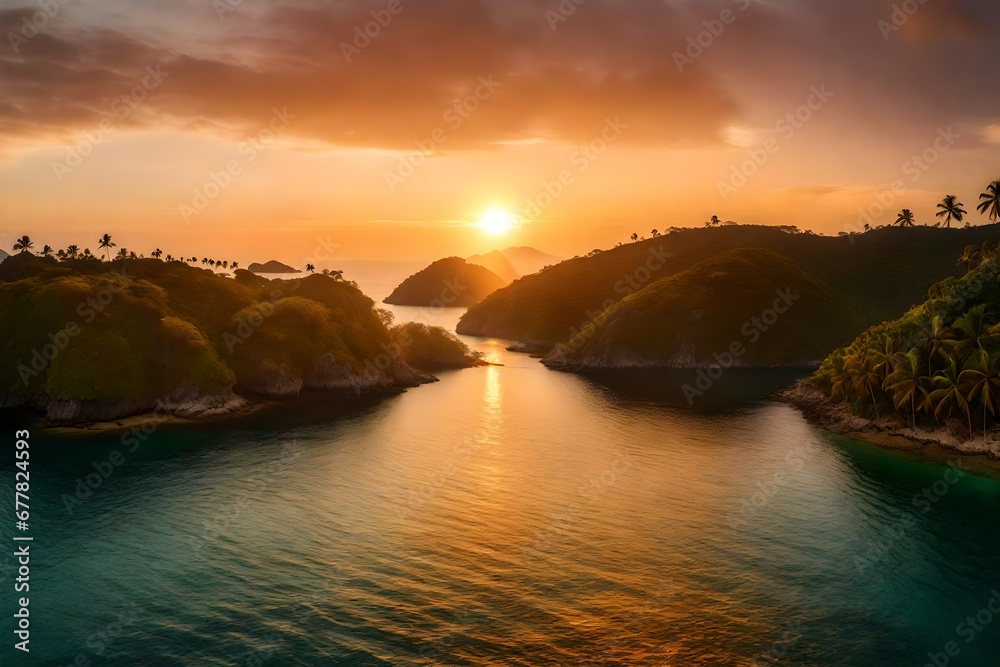 A tropical archipelago at sunset, with warm colors reflecting off the calm waters between islands