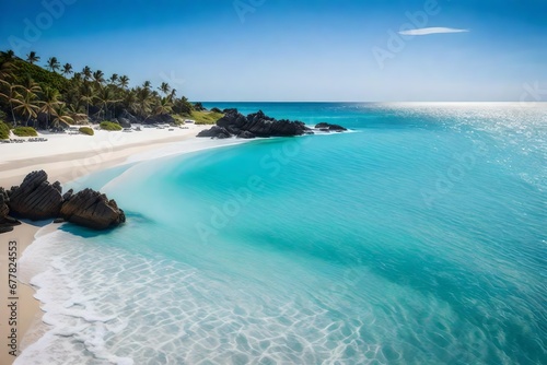 A pristine beach with fine white sand, embraced by gently rolling waves and clear blue skies