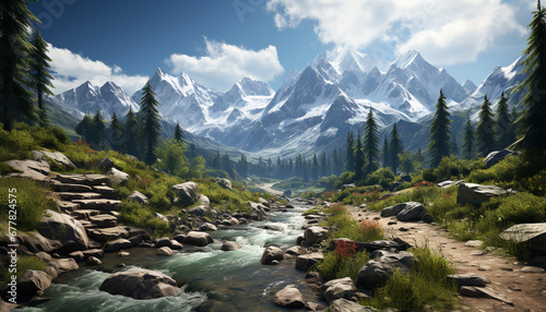 Majestic mountain peak reflects in tranquil flowing water generated by AI
