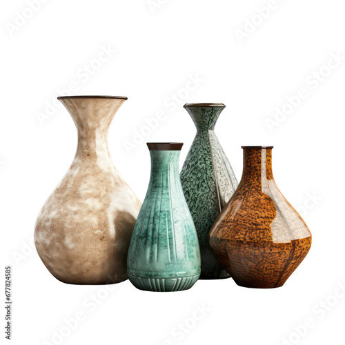 A collection of vases is isolated on a transparent background, offering a clean view of these decorative objects
