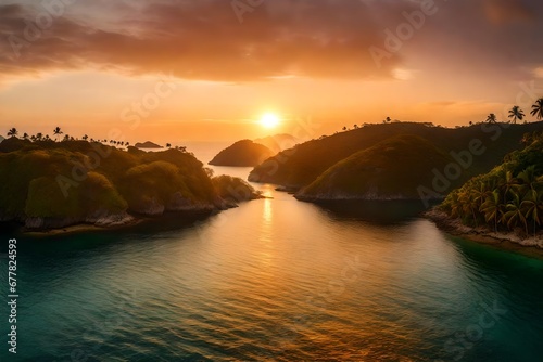 A tropical archipelago at sunset  with warm colors reflecting off the calm waters between islands