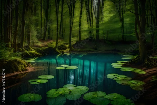 The tranquil atmosphere of a woodland pond, surrounded by tall trees and frequented by amphibians photo